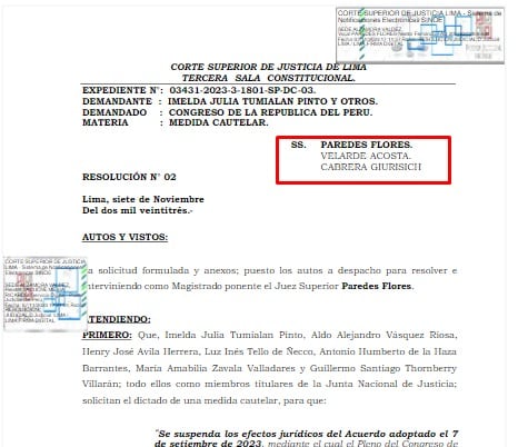 En noviembre de 2023, el Poder Judicial ordenó suspender el proceso contra la JNJ en el Congreso.