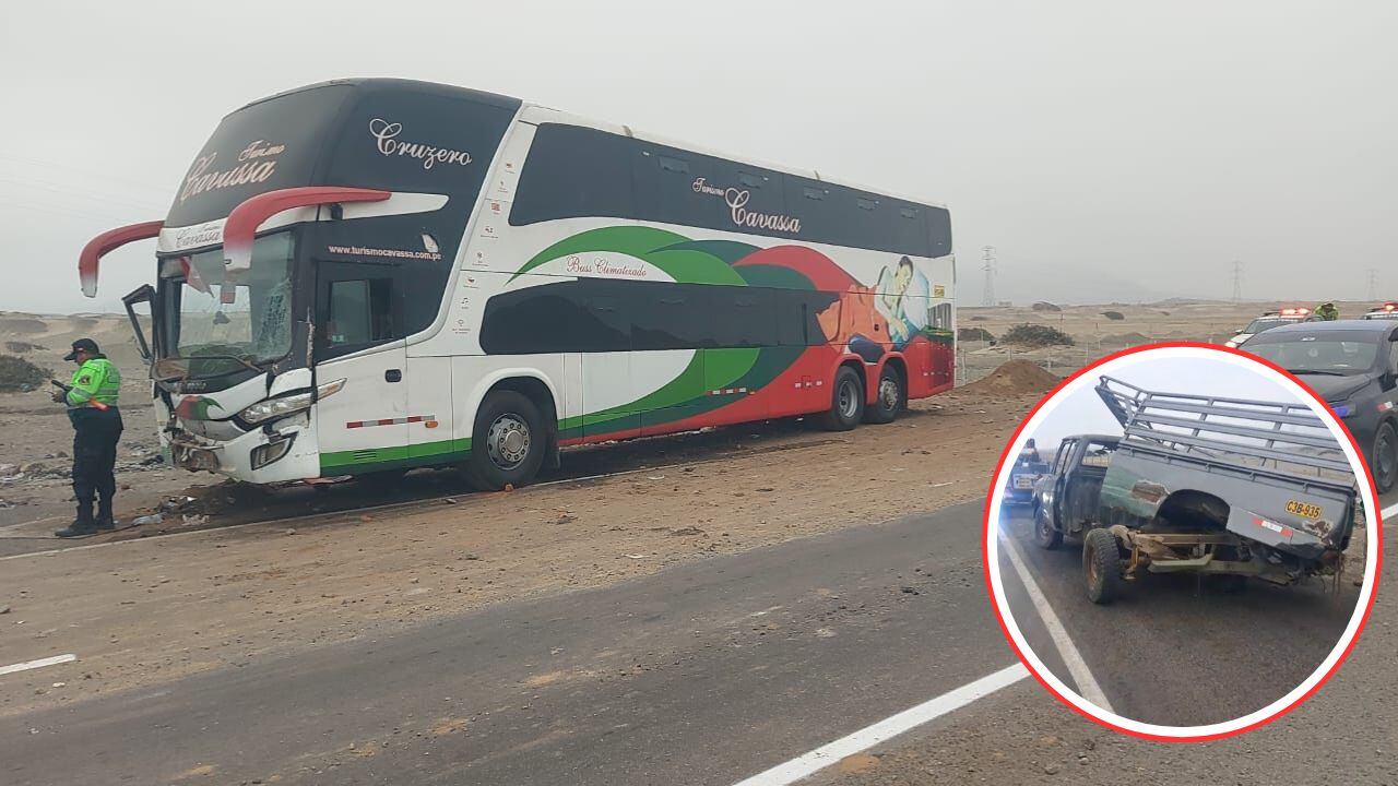 Un ómnibus interprovincial, con 60 pasajeros a bordo, y una camioneta colisionaron en el kilómetro 591 de la carretera Panamericana Norte.