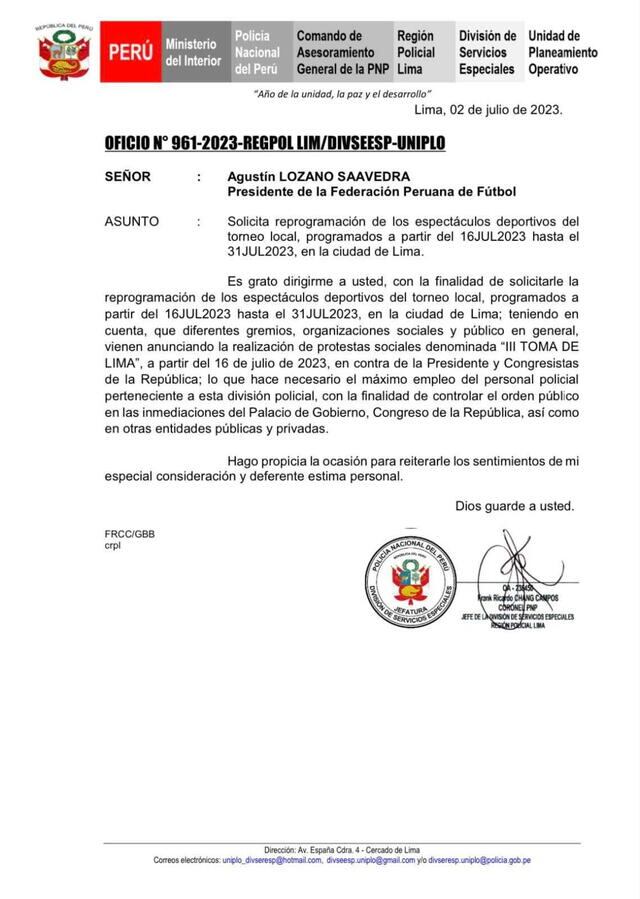 Solicitud enviada a la FPF. (Foto: Ministerio del Interior)