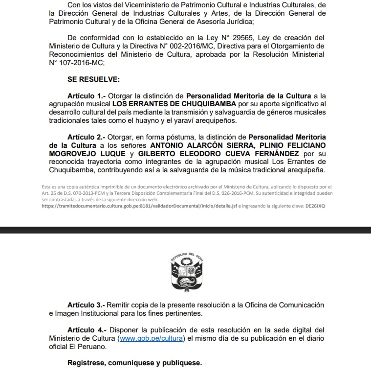 Ministerio de Cultura reconoce a Los Errantes de Chuquibamba como Personalidad Meritoria de la Cultura