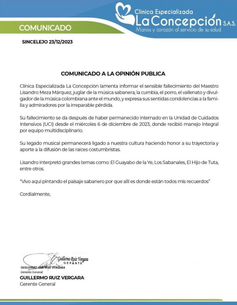 Clínica Concepción confirmó fallecimiento Lisandro Meza