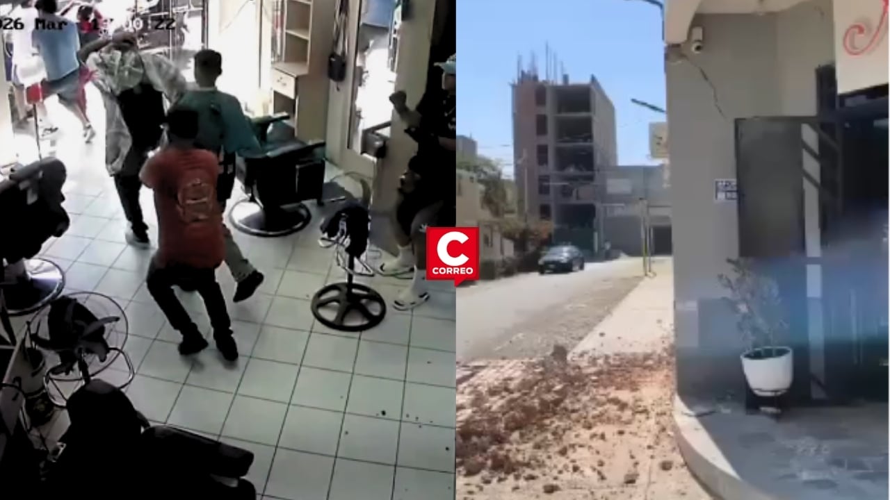 Ica: una pared casi cae sobre transeúntes y una barbería tuvo que evacuar a su personal durante el sismo (VIDEO). Composición: Diario Correo.