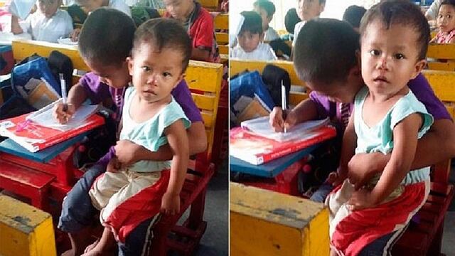 Niño va al colegio con su hermano de dos años luego de quedar huérfanos [FOTOS]