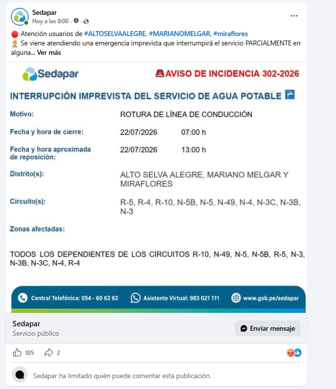 Sedapar restringe comentarios en su cuenta de Facebook para que los usuarios no expresen sus opiniones