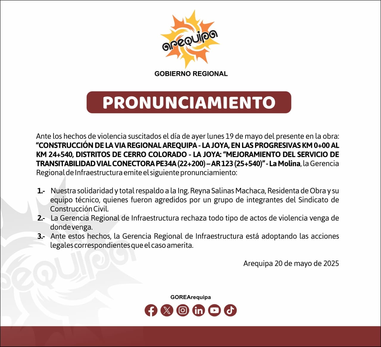 Comunicado del Gobierno Regional de Arequipa