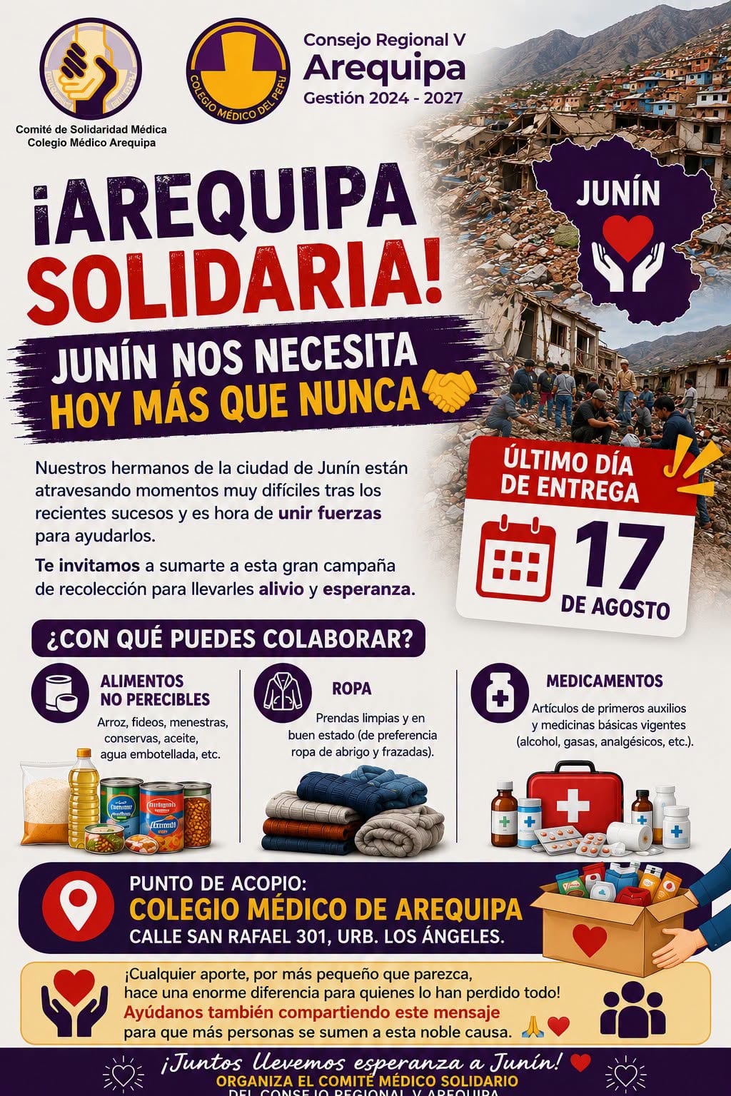 Colegio Médico de Arequipa inicia campaña para damnificados por temblor en Junín
