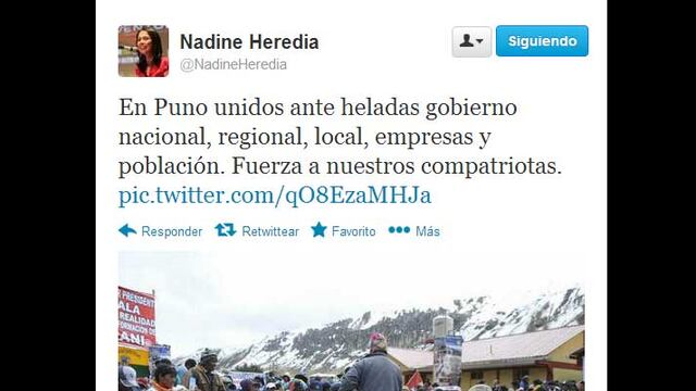 Nadine Heredia insta a unidad a autoridades, empresas y población ante heladas en Puno