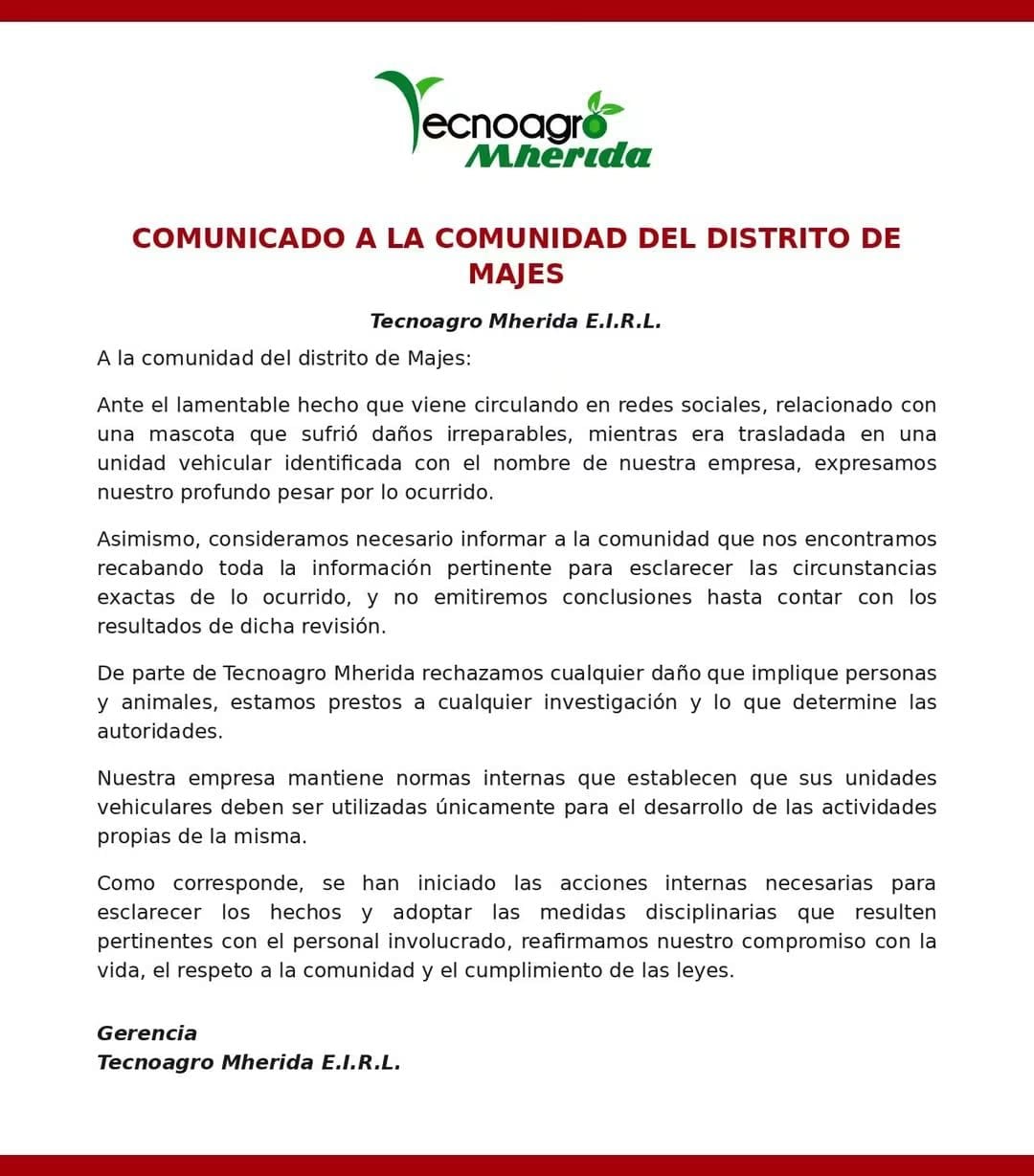 La empresa Tecnoagro Mherida emitió un comunicado