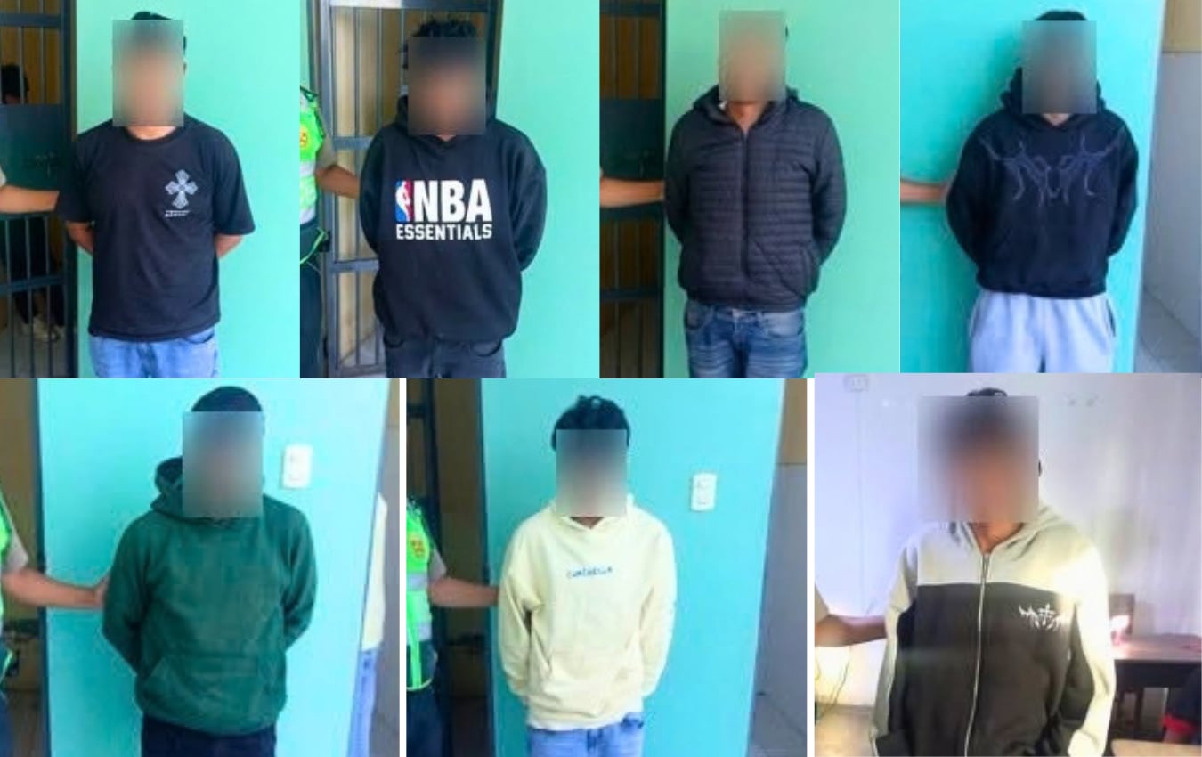 Presuntos integrantes de la banda criminal "Los Choches de Cono Norte" detenidos en el distrito de Yura. Foto: PNP.