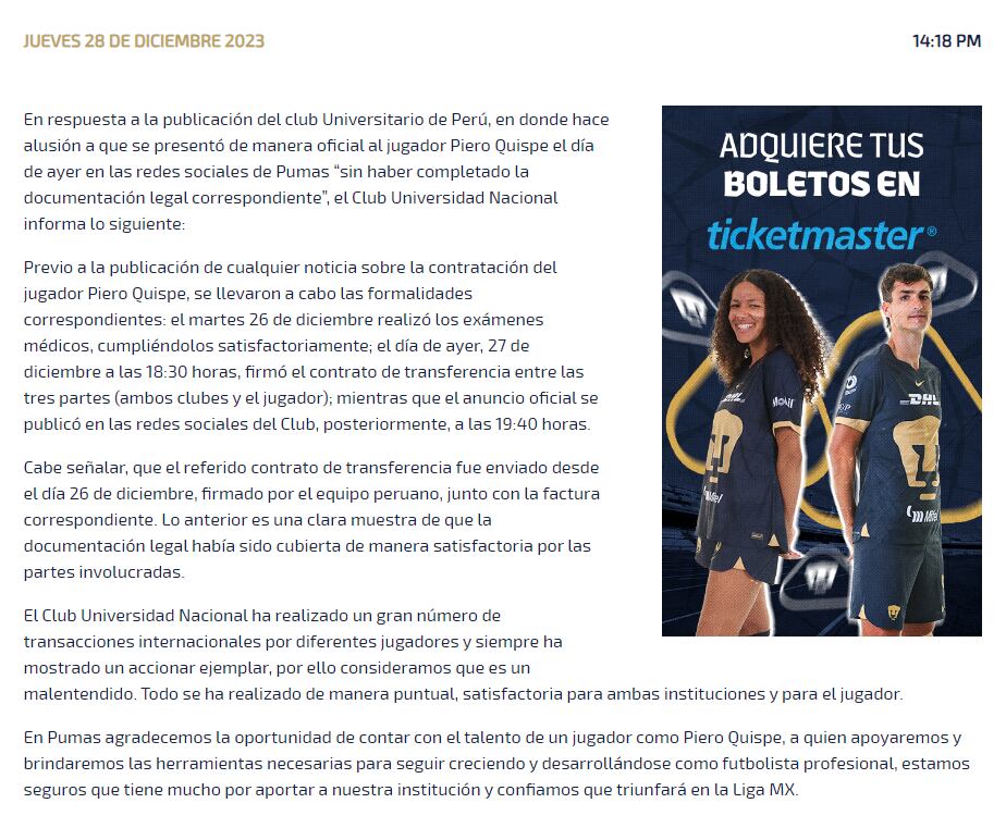 Respuesta de Pumas a Universitario