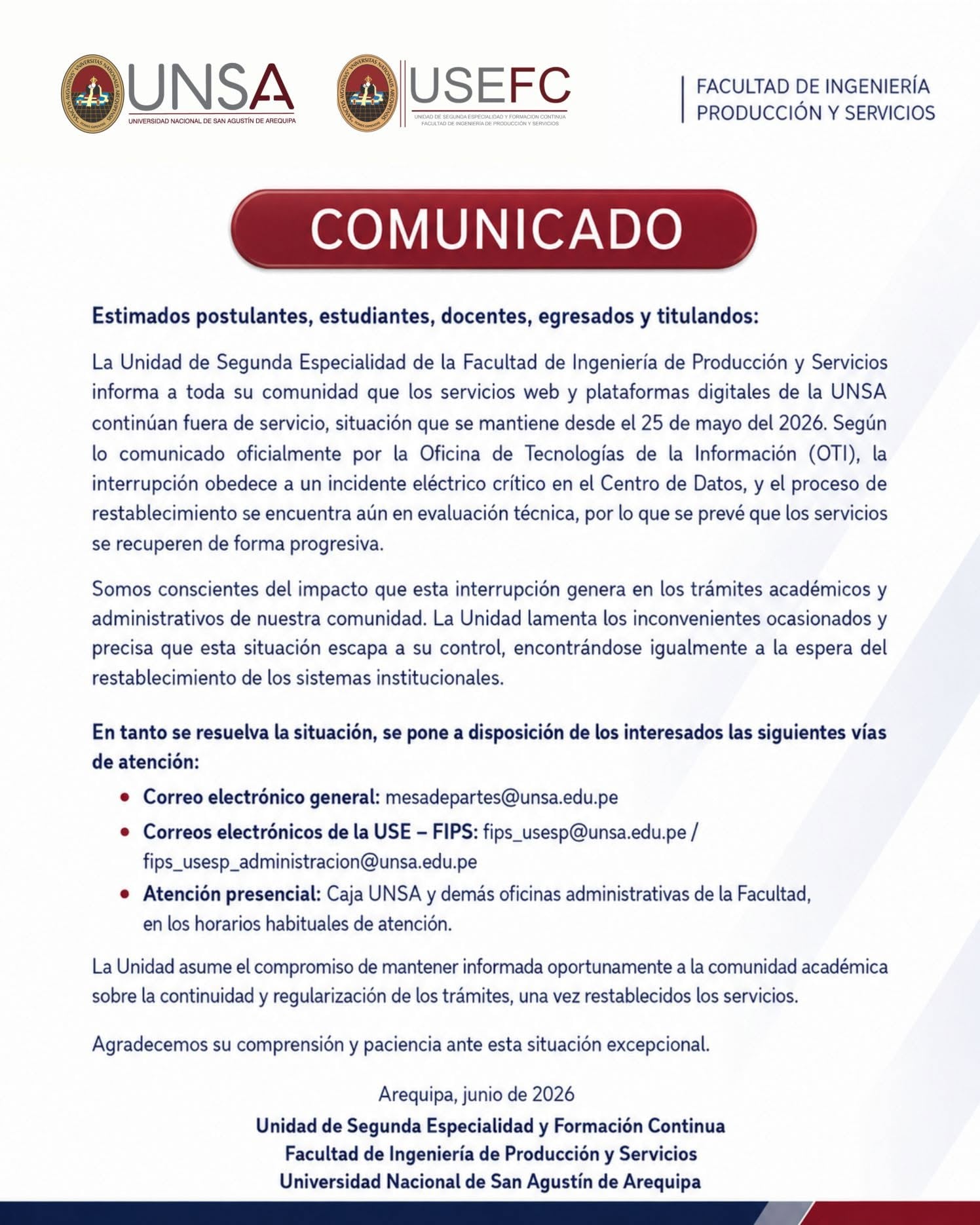 Comunicado de la Unidad de Segunda Especialidad de Ingeniería de Producción y Servicios de la UNSA (Foto: UNSA)