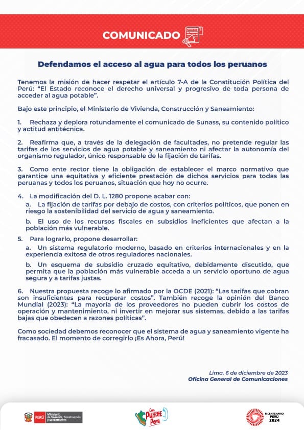 Comunicado del Ministerio de Vivienda, Construcción y Saneamiento.