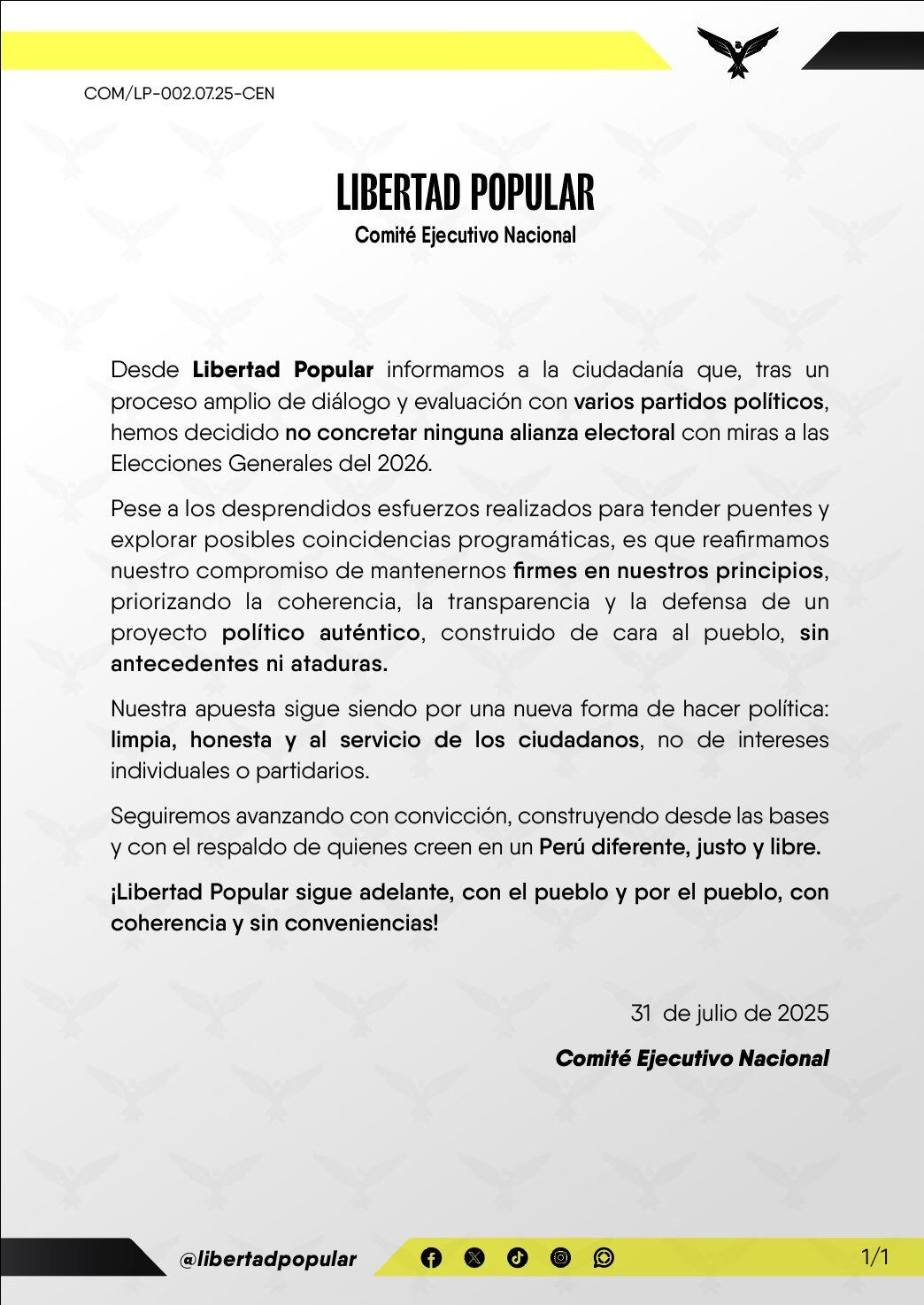Este es el comunicado de Libertad Popular en el que anuncia que no irá en alianza con otros partidos.