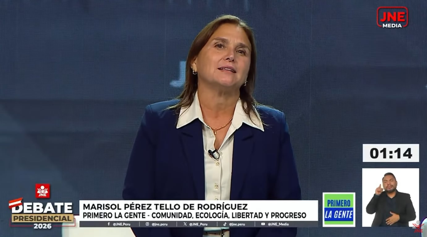 La candidata de Primero la Gente respondió a una pregunta ciudadana sobre protección de menores frente a abusos sexuales en zonas rurales durante el quinto debate presidencial. (Captura de imagen del JNE)