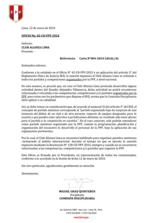 Respuesta de Comisión Disciplinaria de la Federación Peruana de Fútbol (CD-FPF) sobre sanción al estadio Matute.