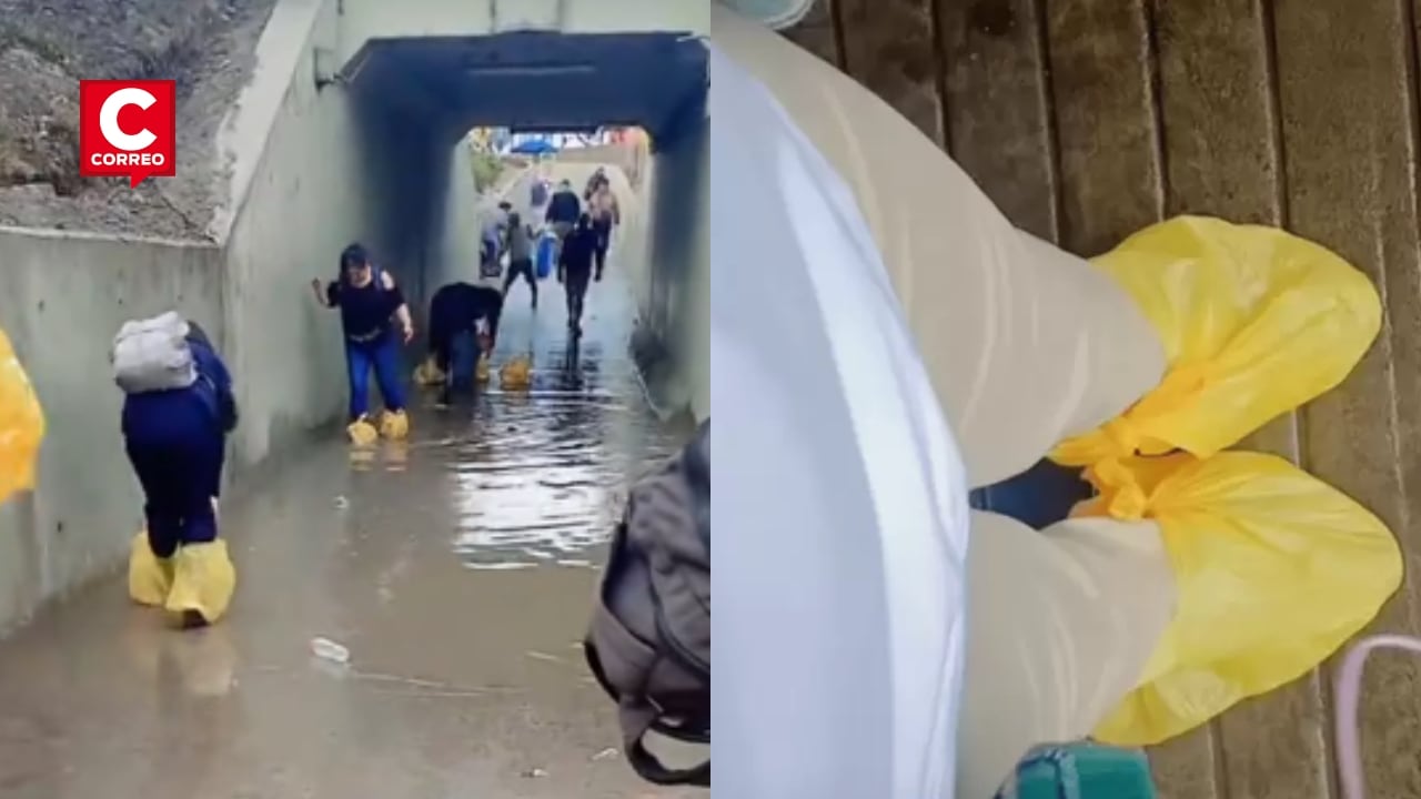 Peruano sorprende al vender bolsas plásticas para proteger el calzado tras lluvias intensas en la capital. Composición: Diario Correo.