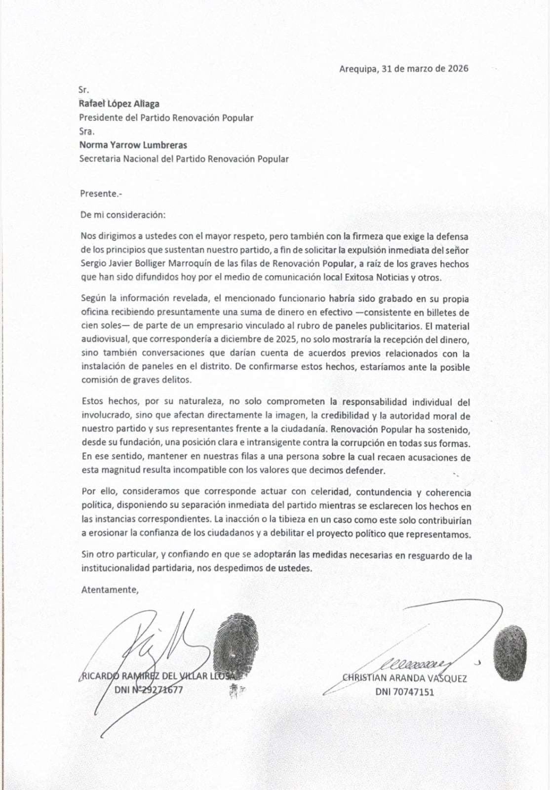 En Renovación Popular piden la expulsión de Sergio Bolliger, alcalde de Yanahuara