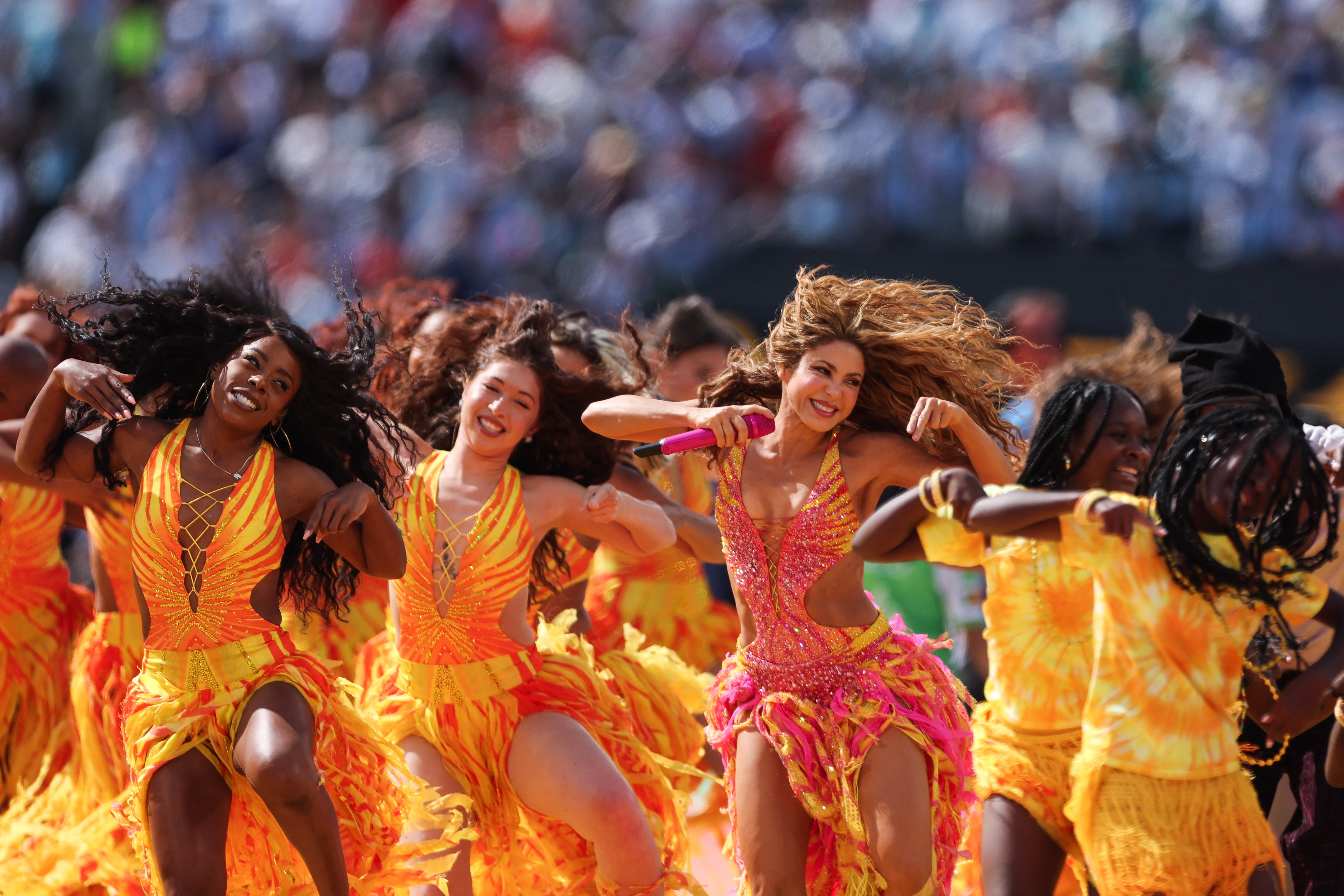 Colombian singer Shakira performs during the halftime show of the 2026 World Cup football tournament final match between Spain and Argentina at the New York/New Jersey Stadium in East Rutherford on July 19, 2026. (Photo by PATRICIA DE MELO MOREIRA / AFP)