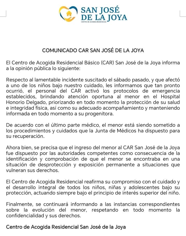 CAR San José afirma que actuó de inmediato tras caída de niño de 9 años desde tercer piso en Arequipa