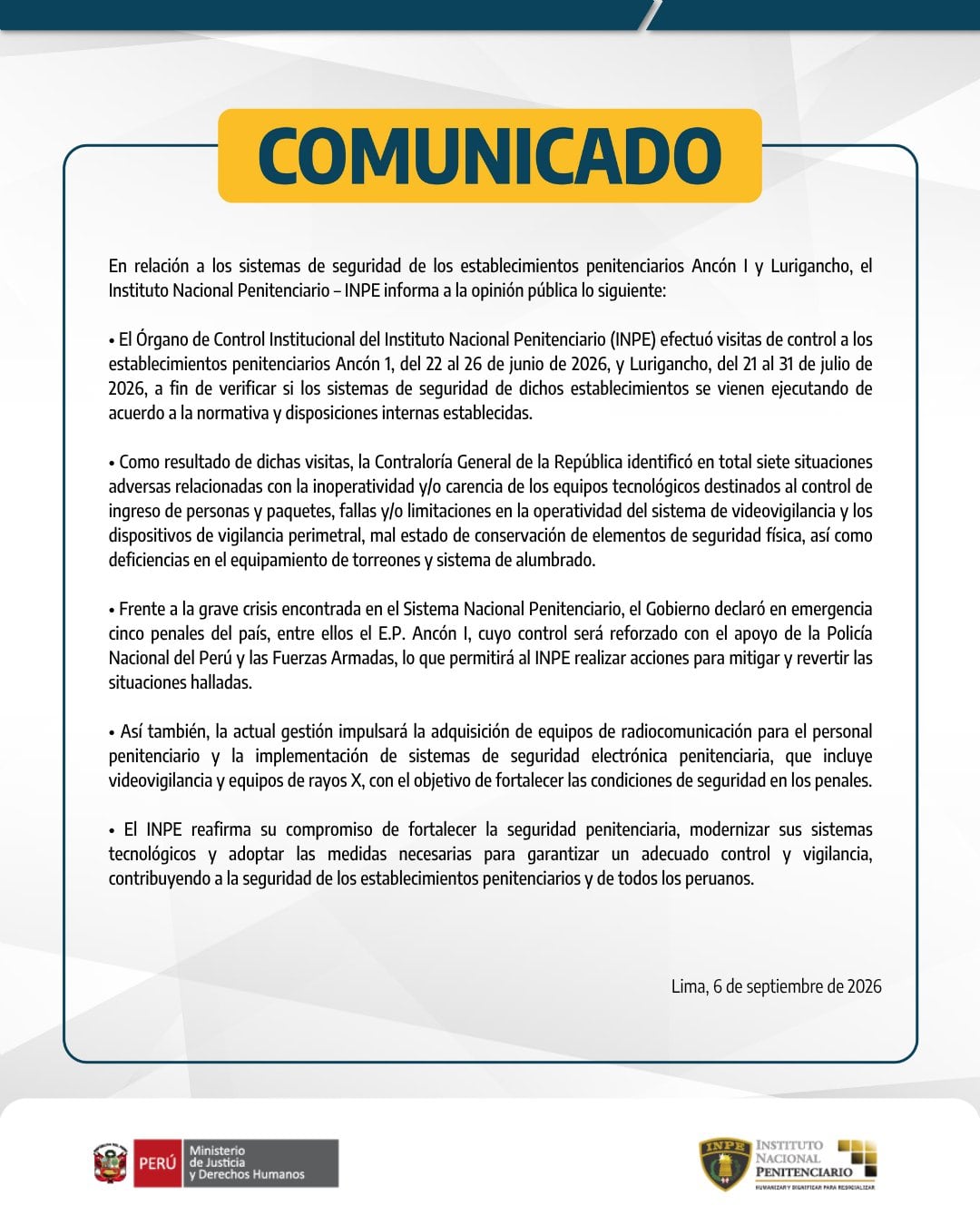 Comunicado del INPE sobre fallas en los penales de Ancón I y Lurigancho.