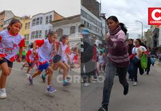 Huancayo: Padres corren al lado de la pista alentando a pequeños atletas en minimaratón
