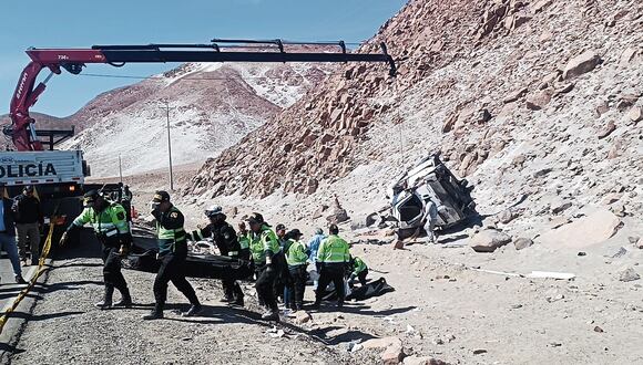 Miniván quedó destrozada, mientras agentes recuperan los cuerpos de los fallecidos. (Foto: GEC)