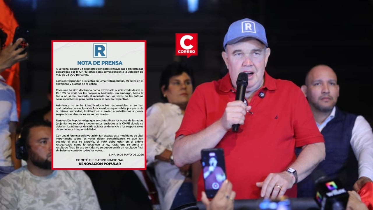 Renovación Popular denuncia pérdida de 94 actas presidenciales y exige conteo físico de votos. Composición: Diario Correo.