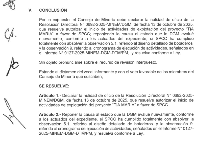Resolución de nulidad del permiso de autorización para actividades de explotación del proyecto minero Tía María