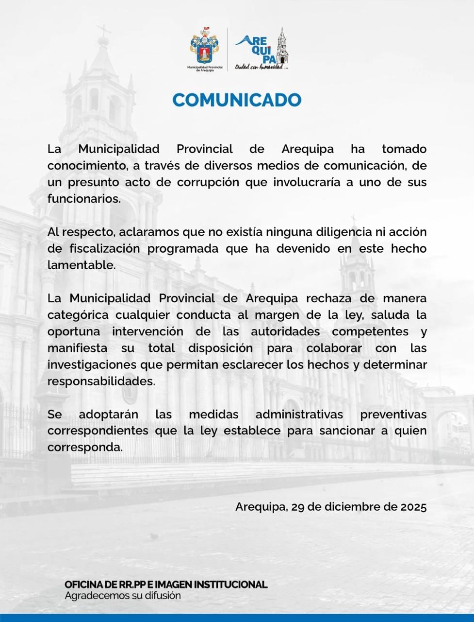 Comunicado de la Municipalidad Provincial de Arequipa