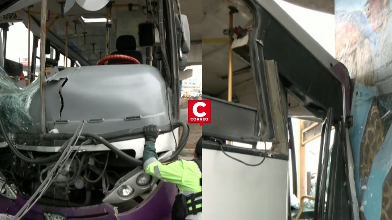 SJL: bus del corredor morado se despista e impacta contra una columna de la estación del Metro de Lima. Composición: Diario Correo.