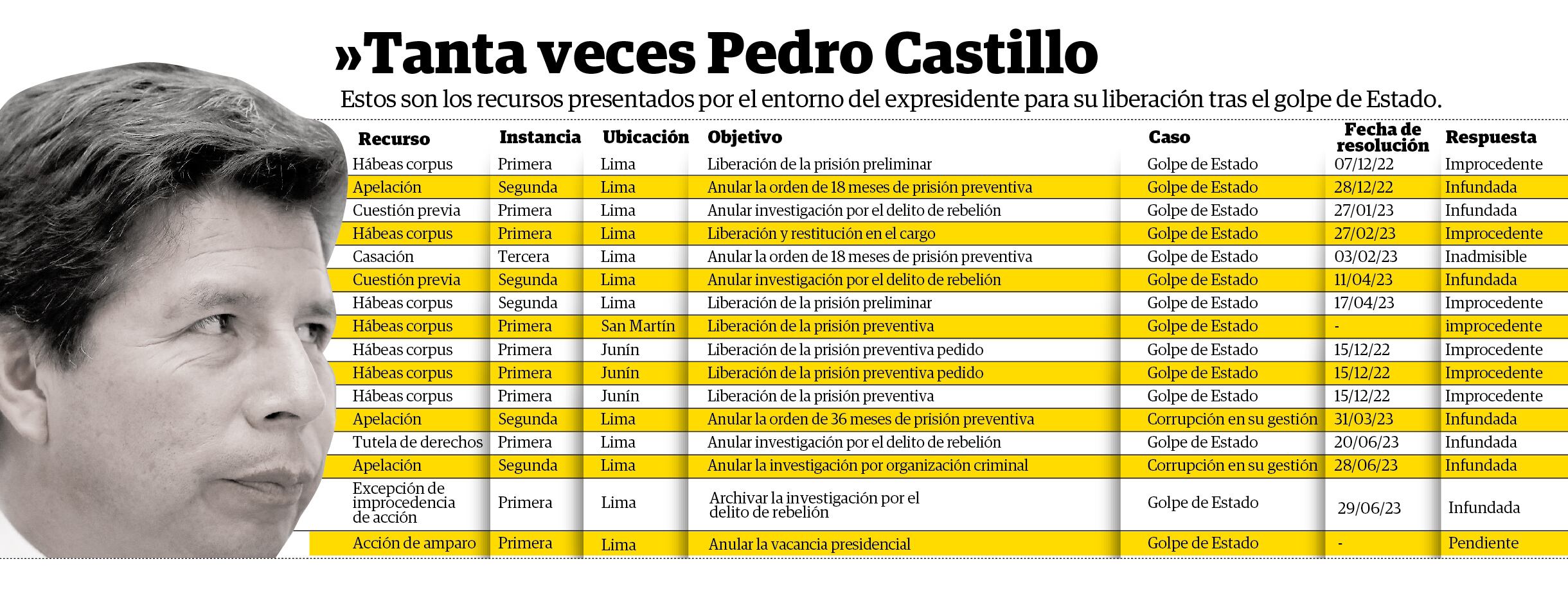 Estos son los recursos que se han presentado a favor de expresidente Pedro Castillo. (Infografía: Diario Correo)