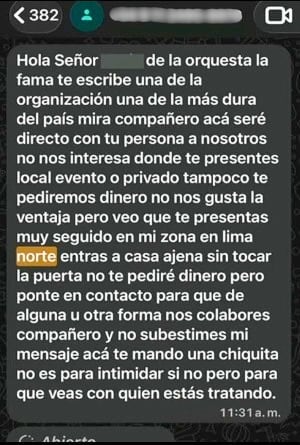 Mensaje enviado al cantante salsero. (Foto: Captura de pantalla/ 24 horas)