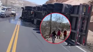 Camión cargado de aceite vegetal se vuelca en la Variante de Uchumayo en Arequipa y genera congestión