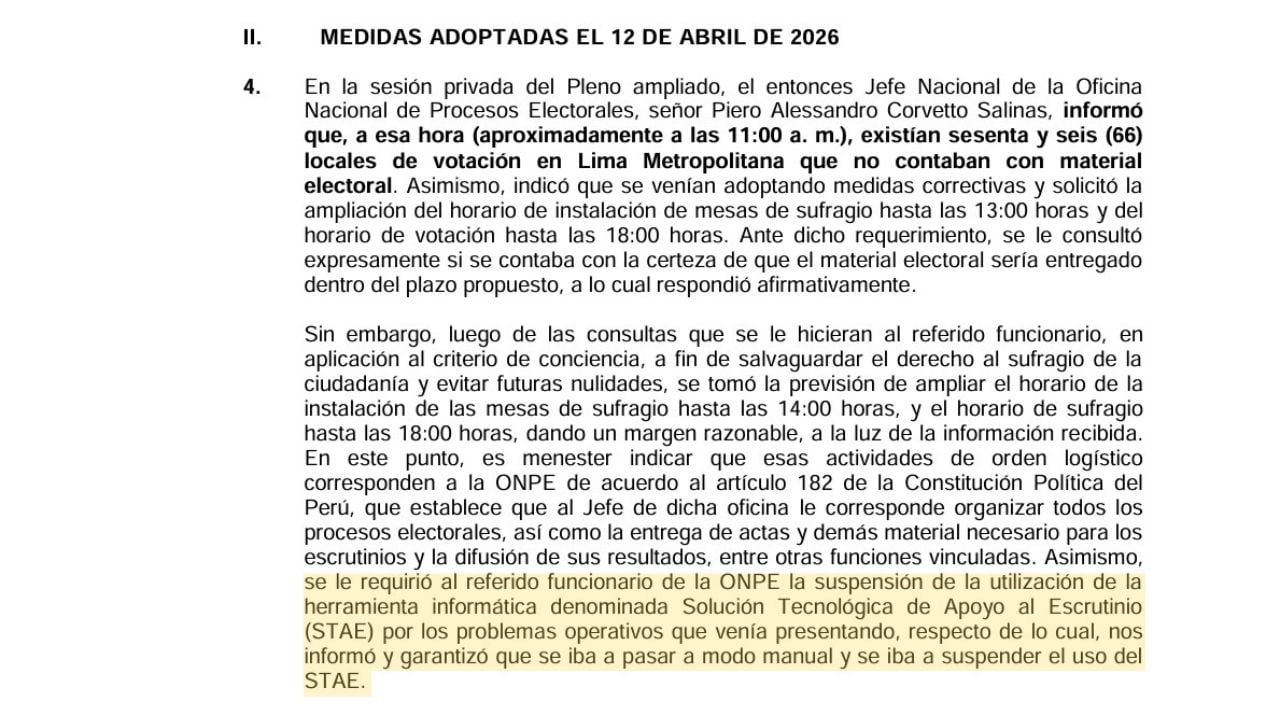 Fragmento del acuerdo del pleno del Jurado Nacional de Elecciones del 23 de abril de 2026.
