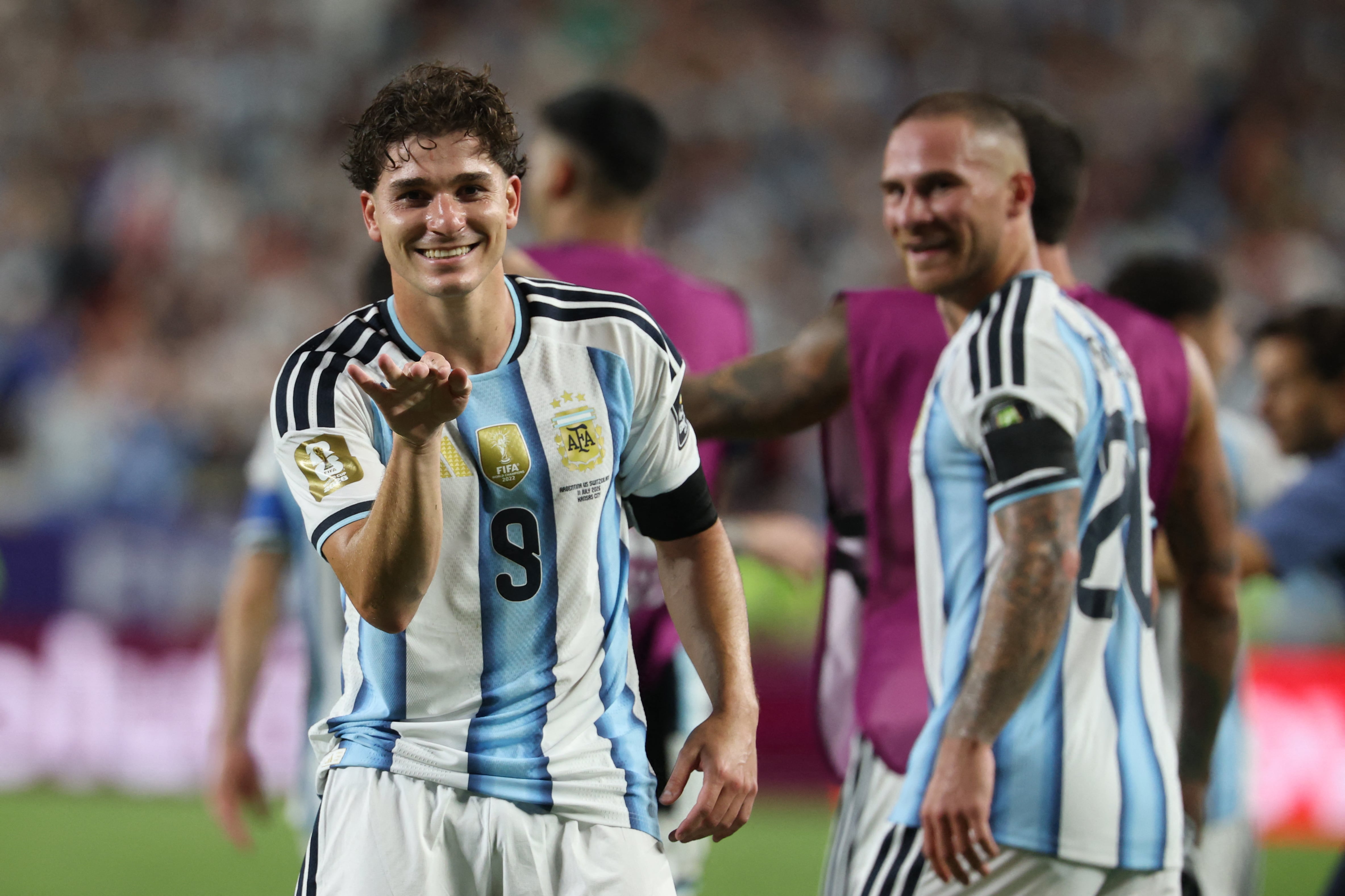 Aregentina's forward #09 Julian Alvarez celebrates scoring his team's second goal during the 2026 World Cup football tournament quarter-final match between Argentina and Switzerland at the Kansas City Stadium in Kansas City on July 11, 2026. (Photo by Odd ANDERSEN / AFP)