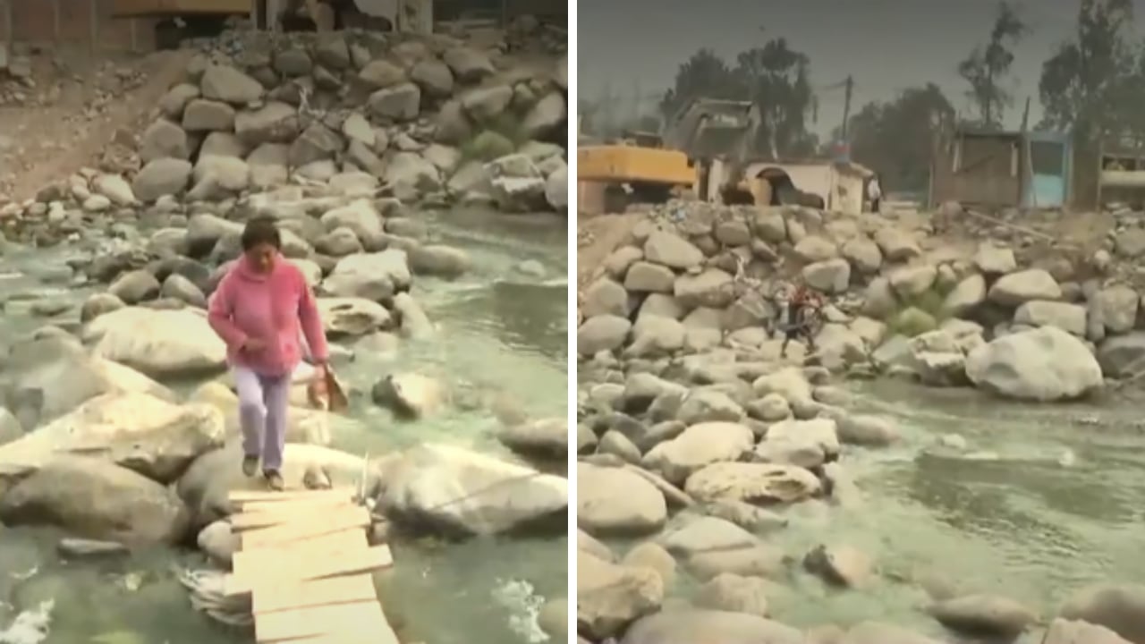 Escolares, adultos mayores y trabajadores atraviesan diariamente el cauce caminando sobre piedras. Los pobladores alertan que el incremento del caudal durante las lluvias podría dejarlos incomunicados. (Imágenes de Canal N)