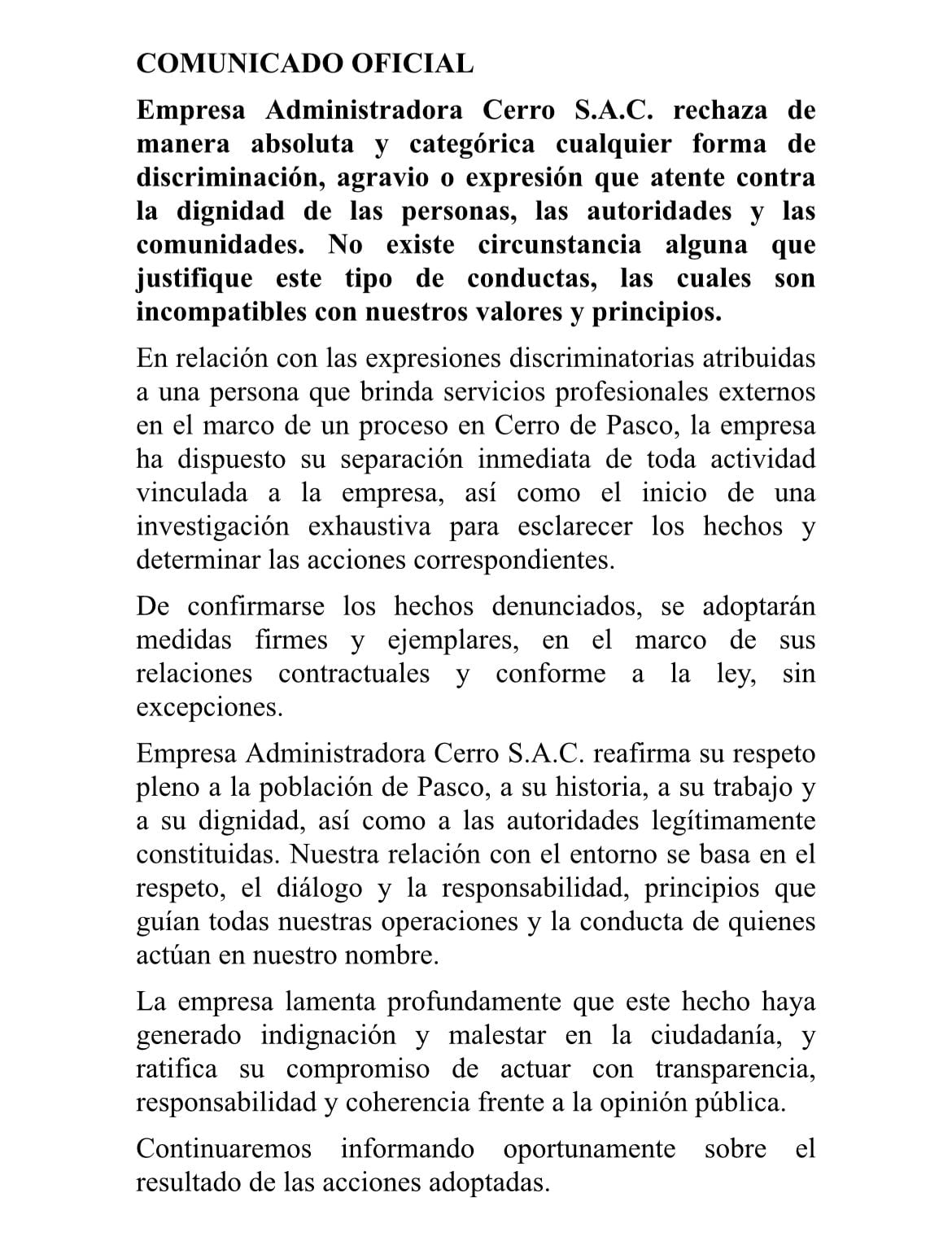 Empresa Administradora Cerro S.A.C. emite comunicado oficial.
