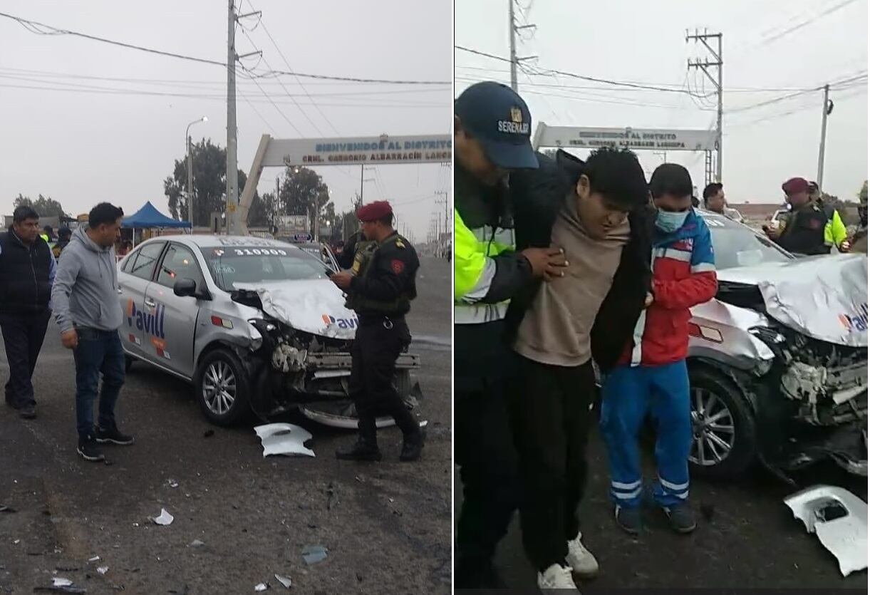 Vehículo de servicio público con daños en su parte delantera y un accidentado es evacuado al nosocomio local