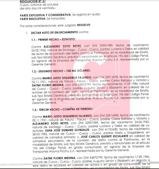 Esta es la resolución que confirma que sí se ordenó el inicio del juicio oral contra el congresista Alejandro Soto.