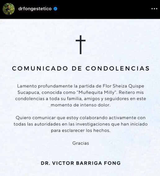Comunicado del doctor Fong tras muerte de 'Muñequita Milly'
