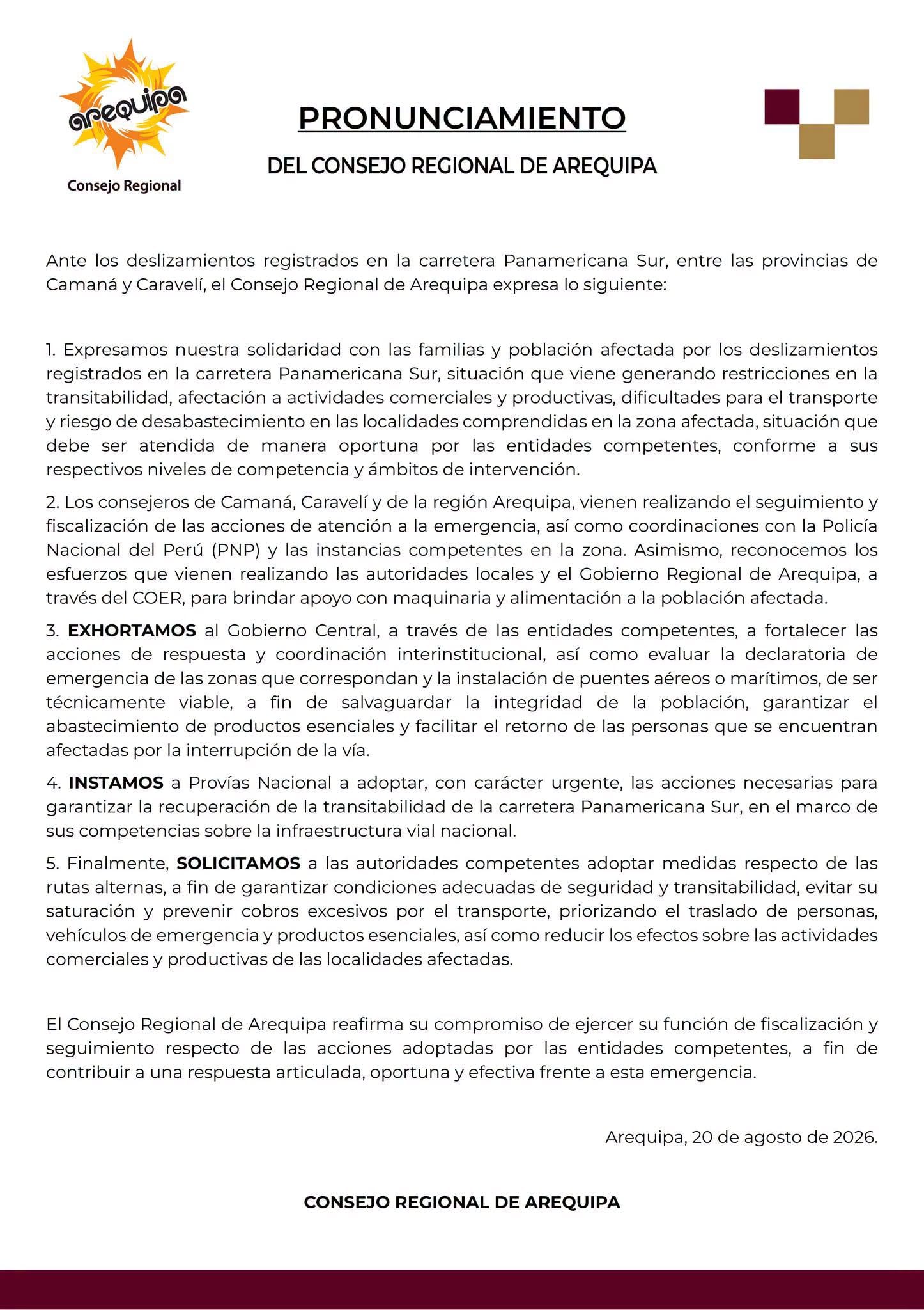 Pronunciamiento del Consejo Regional de Arequipa