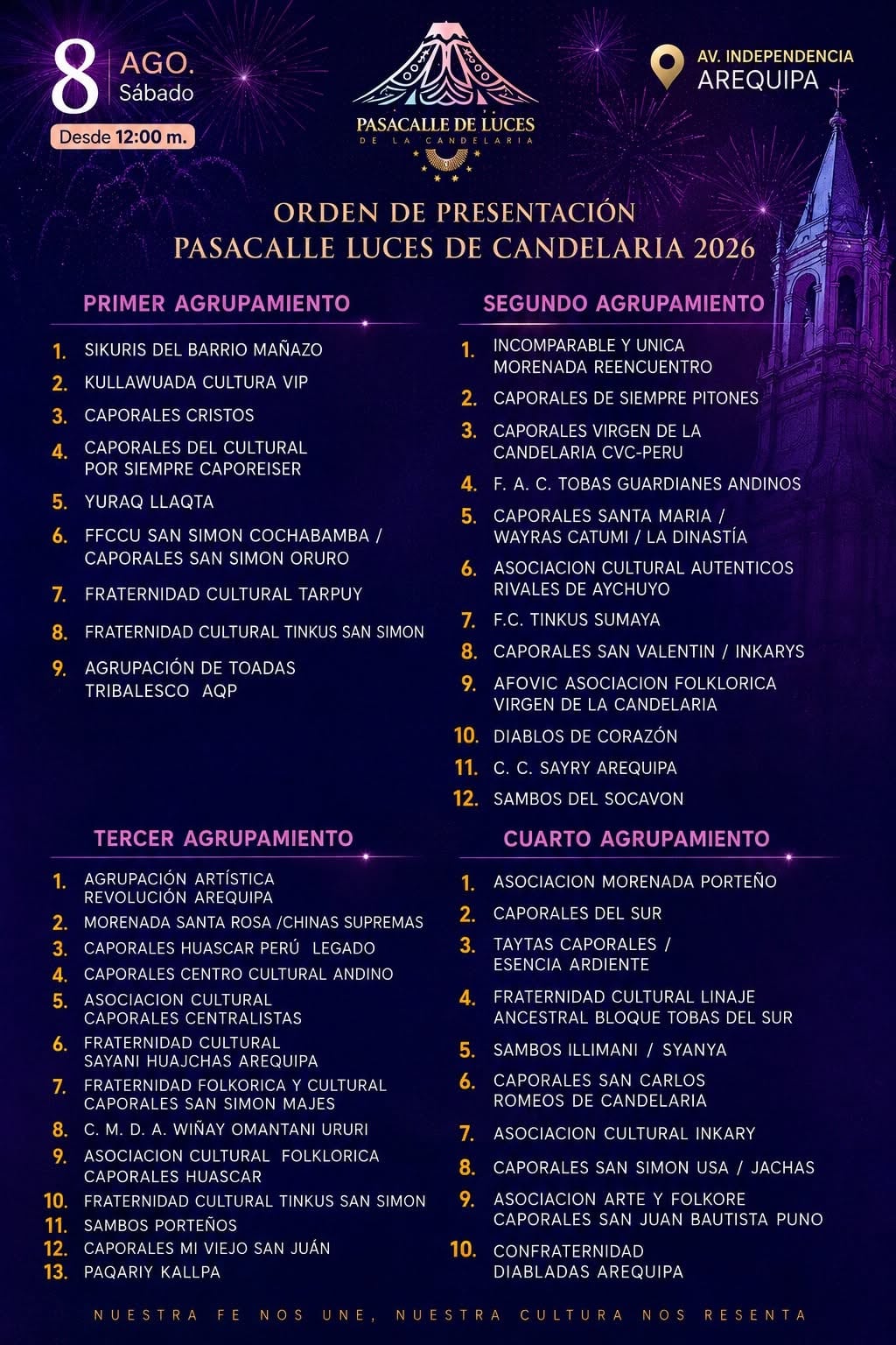 Agrupamientos en el Pasacalle de Luces de la Candelaria 2026 en Arequipa.