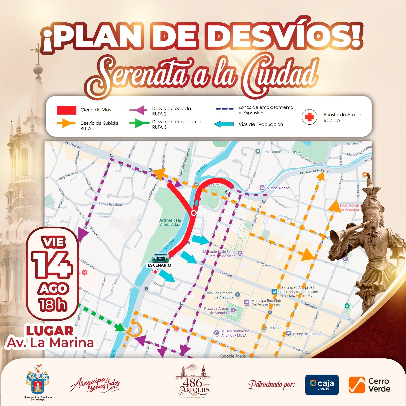 Plan de desvíos por el cierre de la av. La Marina debido a la Serenata a la ciudad de Arequipa 2026. Foto: Municipalidad Provincial de Arequipa.