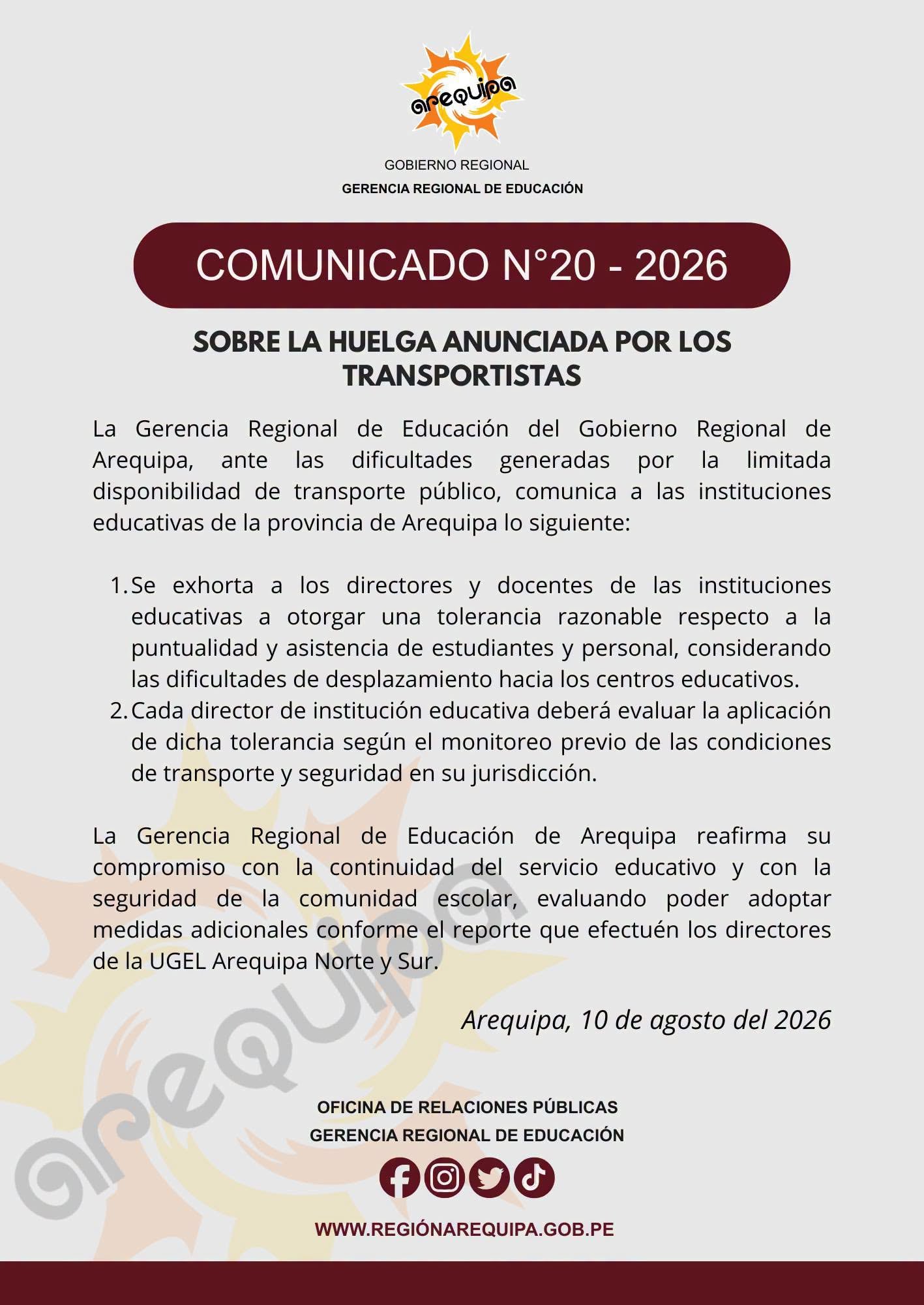 Gerencia de Educación anoche exhortó flexibilidad en el horario de ingreso (Foto: GREA)