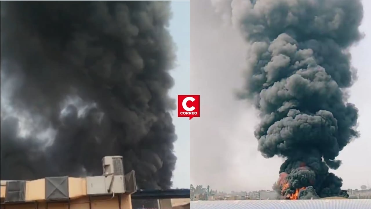 Ate: incendio de gran magnitud afecta fábrica y genera alarma por cercanía a un grifo. Composición: Diario Correo.