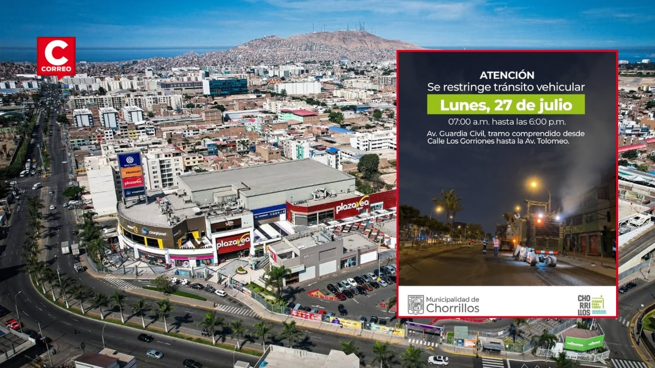Chorrillos inicia obras de mantenimiento en la avenida Guardia Civil y anuncia restricciones de tránsito. Composición: Diario Correo.