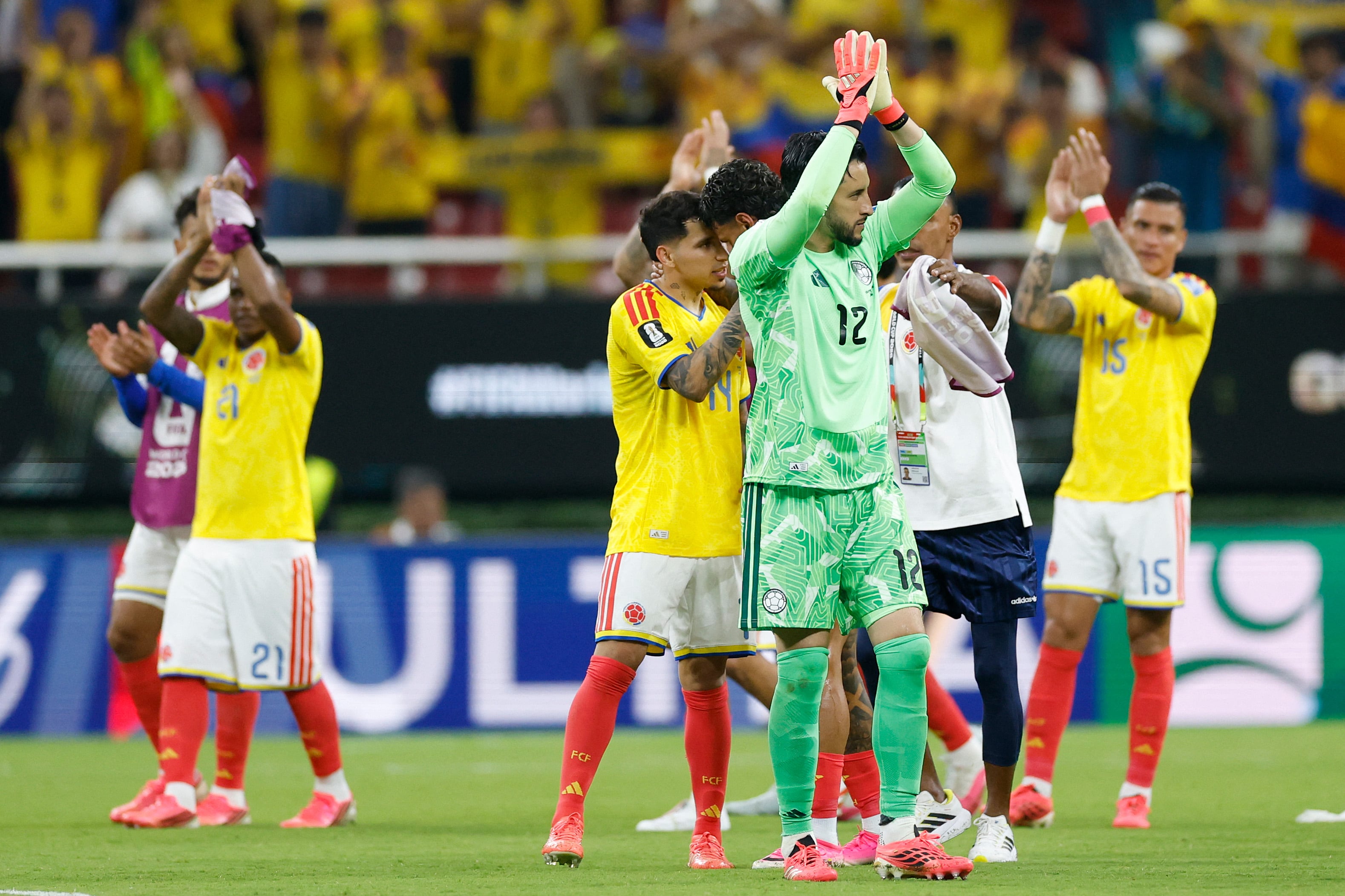 Colombia's goalkeeper #12 Camilo Vargas celebrates after winning the 2026 World Cup Group K football match between Colombia and Democratic Republic of Congo at the Guadalajara Stadium in Zapopan on June 23, 2026. (Photo by Ulises RUIZ / AFP)