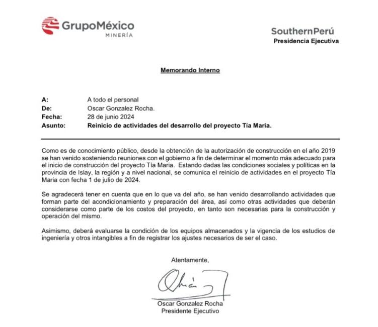 Comunicado de Southern sobre el reinicio de Tía María. (Foto: El Foco X)