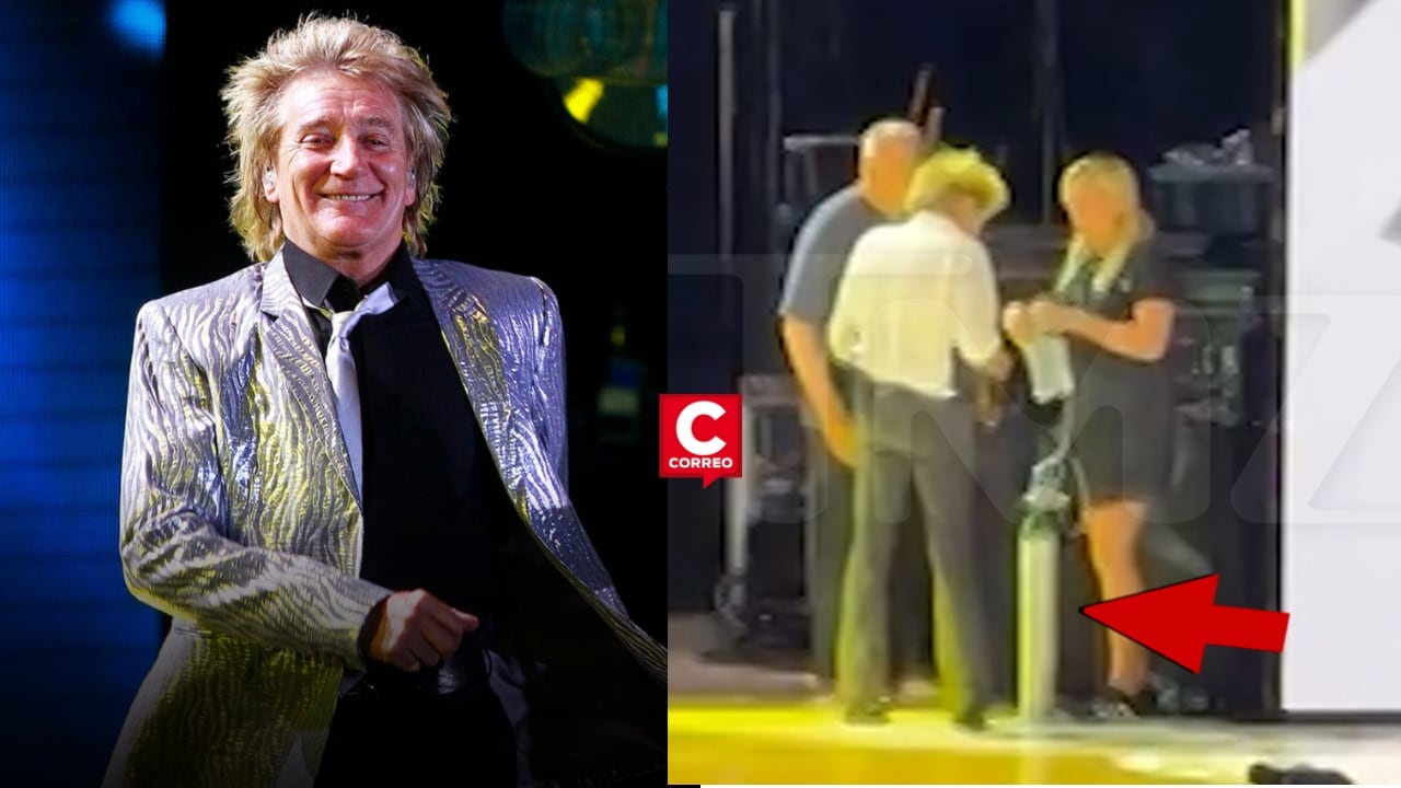 Rod Stewart preocupa en concierto tras presentar malestar y usar balón de oxígeno en pleno escenario. Composición: Diario Correo.