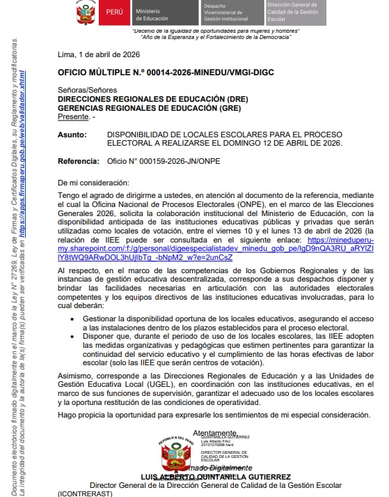 Oficio Múltiple del Minedu que exige el cumplimiento de las horas lectivas